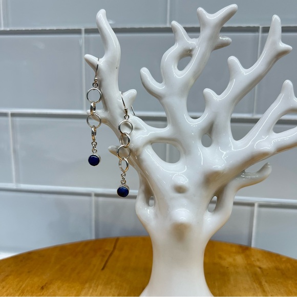 Lapis Lazuli Marked 950 Sterling Silver Modernist Dangle Drop Hook Earrings - Picture 3 of 8